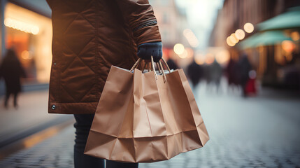 Happy shopping people. People shopping on sale with bags and walking. People on a shopping day. People buying gifts for Christmas.