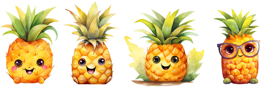 Watercolor cute cartoon pineapple bundle on a transparent background