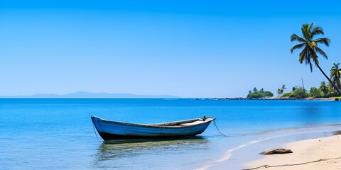 Fototapeta na wymiar A Tranquil Summer Morning, Boat on a Bright Beach at Sunrise for Stock Photography
