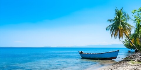 Fototapeta premium Sunrise on a Beautiful Beach with a Boat � Ideal for Summer Stock Photography