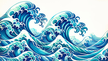 Blue great ocean waves inspired by Japanese Hokusai painting background. - obrazy, fototapety, plakaty