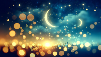Fototapeta na wymiar Night sky with moon and stars. Ramadan Kareem background.