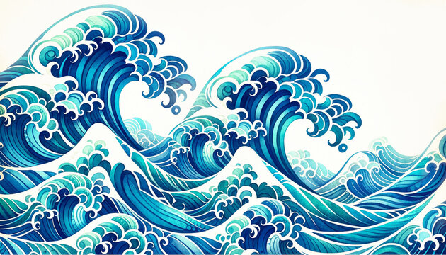 Blue great ocean waves inspired by Japanese Hokusai painting background.