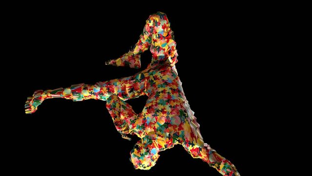 silhouette of a man from puzzles, dance cycle animation, 
abstract, on a black, isolated background, 3d render