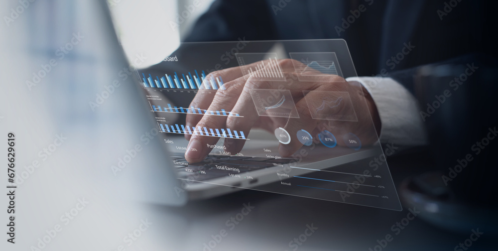 Poster businessman using laptop computer analyzing sales data and financial growth graph chart report. busi