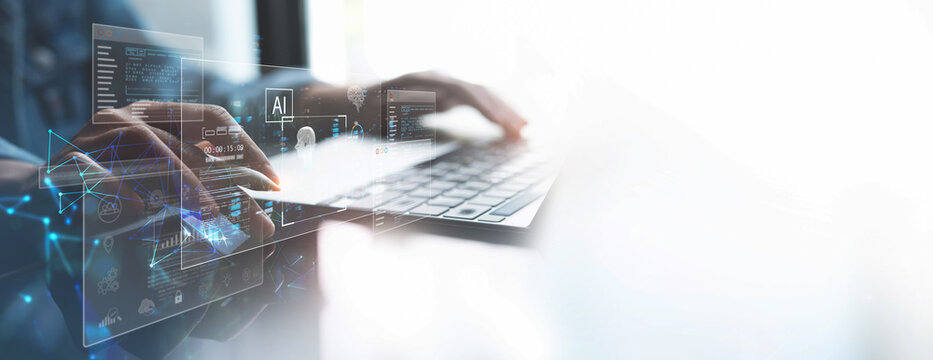 AI Artificial Intelligence. Business man using AI technology for data analysis, coding computer language with digital brain, machine learning on virtual screen, business intelligence