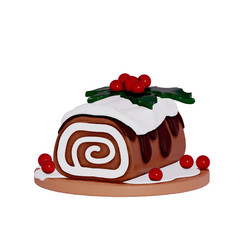 Christmas Dessert 3D , a delicious yule log cake, with chocolate frosting on Transparent background . 3D Rendering