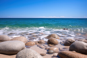 Fototapeta na wymiar Beautiful seascape with pebble beach and blue sky background. High quality photo