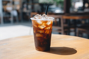 A black iced coffee on the table at a coffee shop.