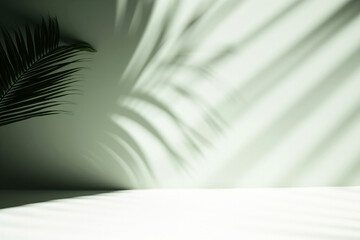 Fototapeta na wymiar Empty room with green palm leaves with shadow on a green mint background. High quality photo