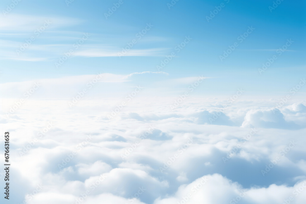 Poster blue sky background with tiny clouds. view from above the clouds. high quality photo