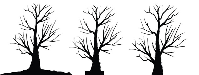 silhouette of dead tree vector illustration. silhouette of trees and branches without leaves. Bare Tree silhouette. Black Branch Tree vector. silhouette of a bare tree.