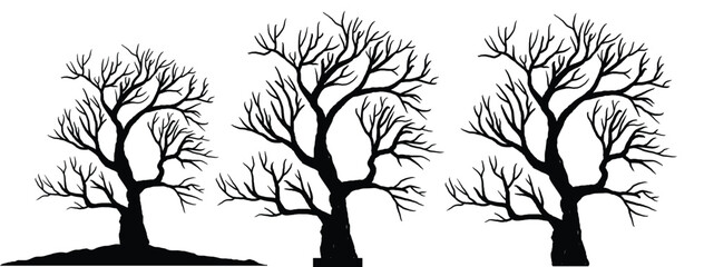 silhouette of dead tree vector illustration. silhouette of trees and branches without leaves. Bare Tree silhouette. Black Branch Tree vector. silhouette of a bare tree. - obrazy, fototapety, plakaty