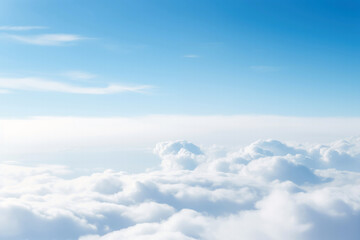 Blue sky background with tiny clouds. Panoramic view above the clouds. High quality photo