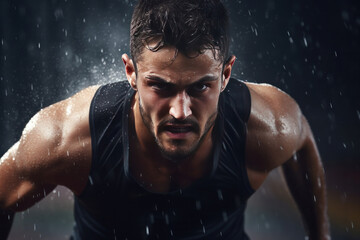 A professional man athlete with focus in his eyes and sweat pouring down.