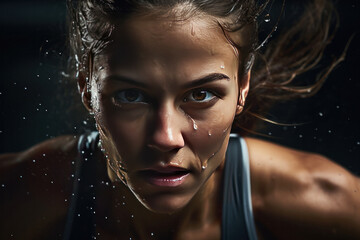 A professional woman athlete with focus in his eyes and sweat pouring down.