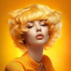 Fototapeta premium A woman with short, curly, orange-blonde hair, exuding an ultra-sweet look with pinkish lips and matching mascara.