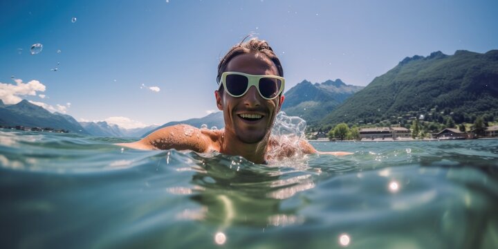 a man is swimming through a lake, generative AI