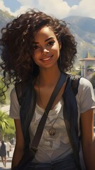 Beautiful student girl, curly hair, smiling, sun, teen, outdoors, bag strap