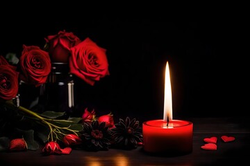 Black flower with black and red lit candle, Valentine's Day. magic attributes, Wiccan rituals, esoteric concept, Spells, wicca concept