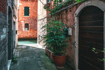 Fototapeta na wymiar Buildings with potted plants in Venice. Charming facade with shutters. Paved sidewalk
