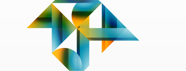 Vibrant color triangles and circles on white background intertwine to create captivating and harmoniously balanced composition for digital designs, presentations, website banners, social media posts