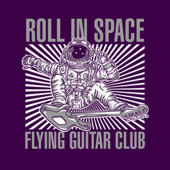 Astronaut Guitar Surfing in Space Hand Drawing Vector Illustration Flying Guitar Club Design