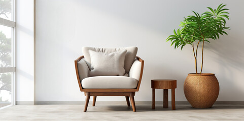 Grey velvet chair with small side shelves with plant pots. Living room interior minimal style