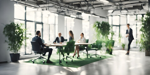 Fototapeta na wymiar Bright business workplace with people in walking in blurred motion in modern office space.