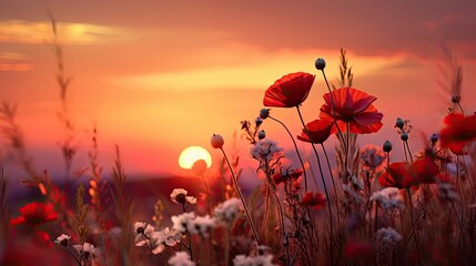 Field of flowers and sunset