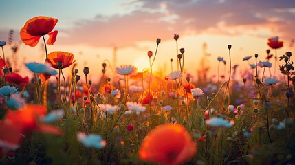 Field of flowers and sunset