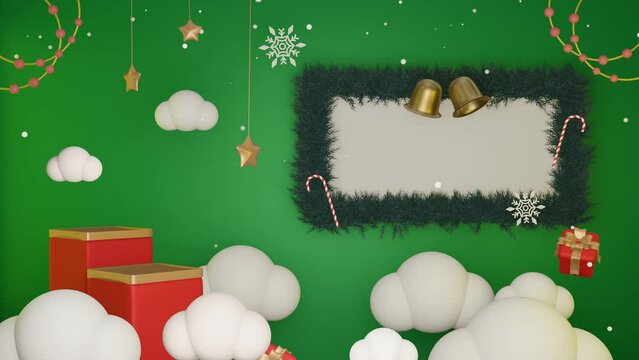 3D Green background natal and happy new years with minimalist red podium on sky and cloud, suitable for product promotion