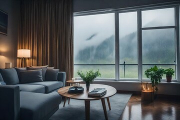 Room interior with a grand window overlooking the rain, a modern setting with sleek furniture, soft music playing, infusing a sense of sophistication and luxury, Artwork, mixed media collage combini