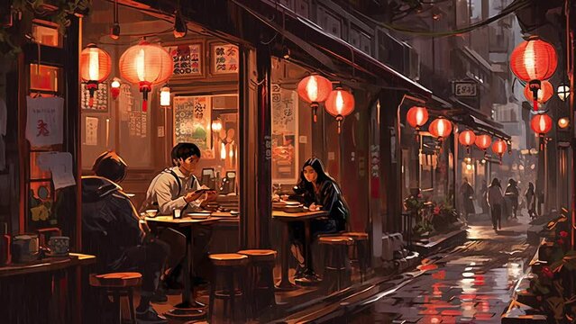 Seamless loop animation. people, Geologist. Standing Rainy Night City Holding Umbrella. Lofi illustration. Tokyo high tech city lights. Created using Generative AI Technology