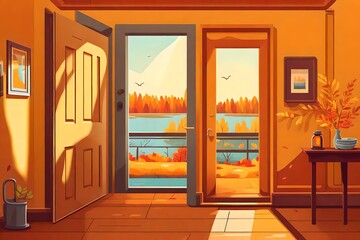 Flat cartoon-style vector art presenting a hallway adorned with furniture, a closed door, and a window displaying an autumn river view, cozy and serene, accentuated by warm hues