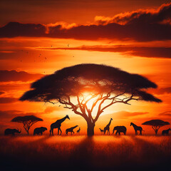 A stunning African savanna sunset with silhouettes of wildlife and a tree in the foreground.
