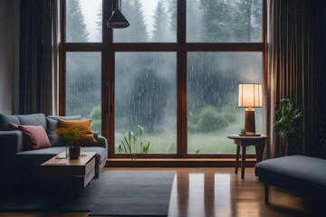 Room interior with a big window  rain outside, softly lit by the overcast sky, cozy furniture inviting relaxation, capturing a tranquil, contemplative mood