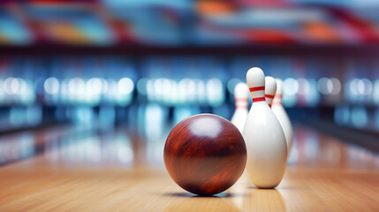 bowling ball on the track in the bowling center. For sport design or web background. Generative ai - obrazy, fototapety, plakaty