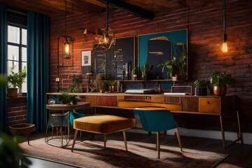 Interior design portfolio visuals of an eclectic workspace, mixing vintage furniture with modern decor, vibrant colors against  brick walls