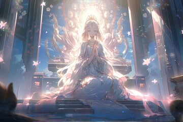 beautiful anime tibetan buddhist female goddess in meditation, illustration - obrazy, fototapety, plakaty