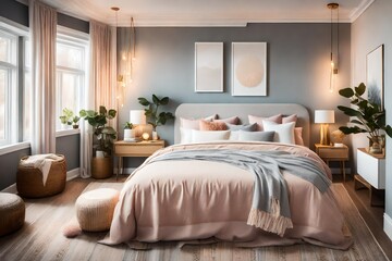 Interior design portfolio images featuring a cozy bedroom, soft, pastel hues, and layered textures, incorporating elements of hygge, invoking a feeling of warmth and comfort