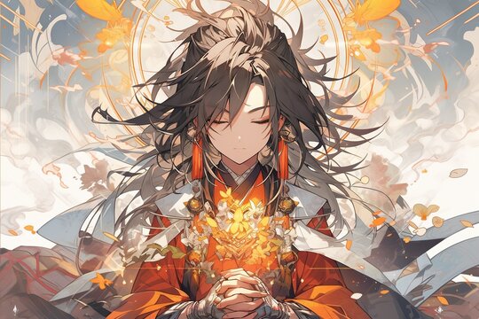 tibetan buddhist master, anime style, illustration