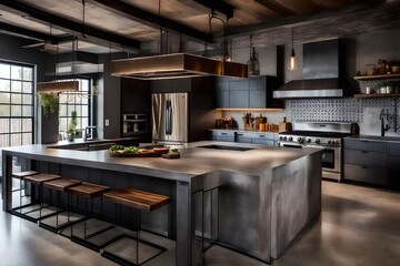 Interior design portfolio snapshots of an industrial-style kitchen, metal accents,  beams, and concrete walls, creating an urban
