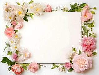 Obraz na płótnie Canvas Ai generated floral frame with nice presentation of flower, flower frame background, blank floral frame with space of texts, wedding or event invitation card with blank text area