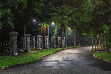 Exercise equipment or Outdoor fitness equipment in the park at night.