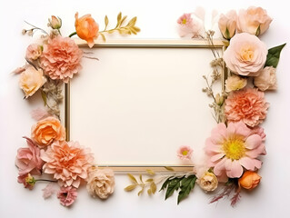 Fototapeta na wymiar Ai generated floral frame with nice presentation of flower, flower frame background, blank floral frame with space of texts, wedding or event invitation card with blank text area