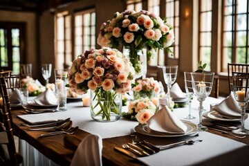 Elegant Dining Table Bouquet Arrangement for Wedding Celebration - obrazy, fototapety, plakaty