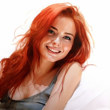 Vibrant Watercolor Painting of a Red-Haired Woman in White Background