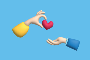 Happy people giving and sharing love, donating. Holding hearts. 3d love concept. Realistic 3d object cartoon style. Vector colorful illustration.