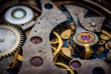 Antique Pocket Watch interior, golden dial and wills. closeup image. AI generated